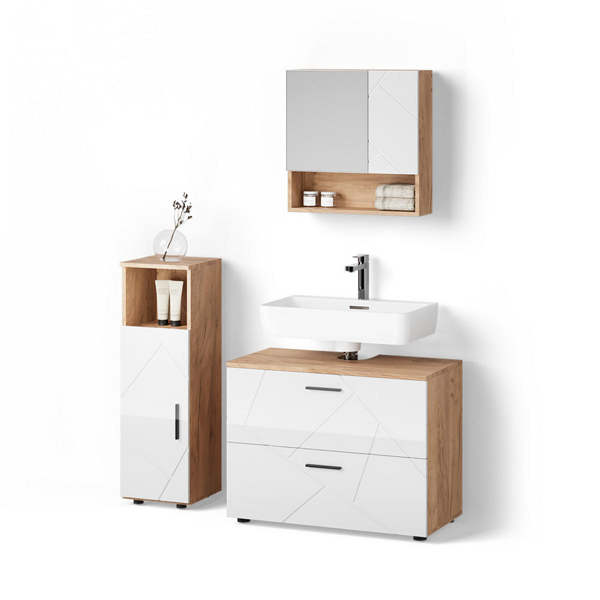 BADMÖBEL-SET Ronco Weiß Hochglanz/Goldkraft Eiche 3 Teile, mit Midischrank - Weiß Hochglanz/Eiche Wotan, Holzwerkstoff (54/55/41cm) - Livinity®