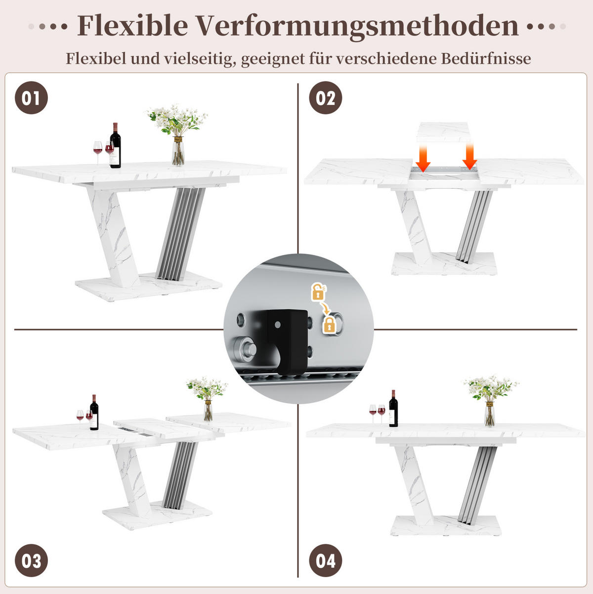 ESSTISCH aus MDF und Metall 120(160)x80x76 cm Weiß ausziehbar mit Marmordekor und flügelförmigem Gestell - Weiß, Holzwerkstoff (120/80/76cm) - Modfu