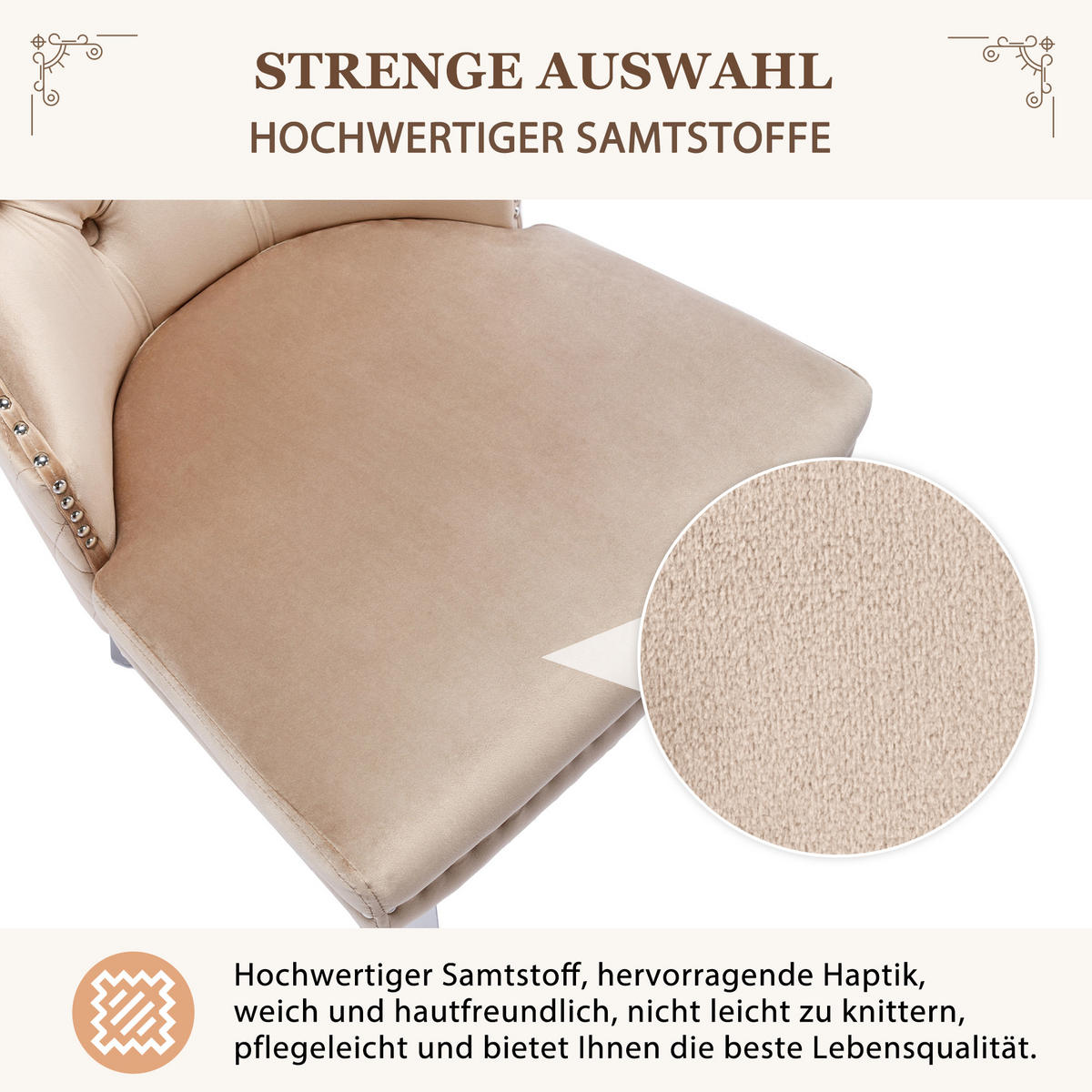 ESSZIMMERSTUHL 2-Tlg Samt Beige, Nagelkopf, Metall Beine - Beige, Textil (53/94.5/62.5cm) - FLIEKS