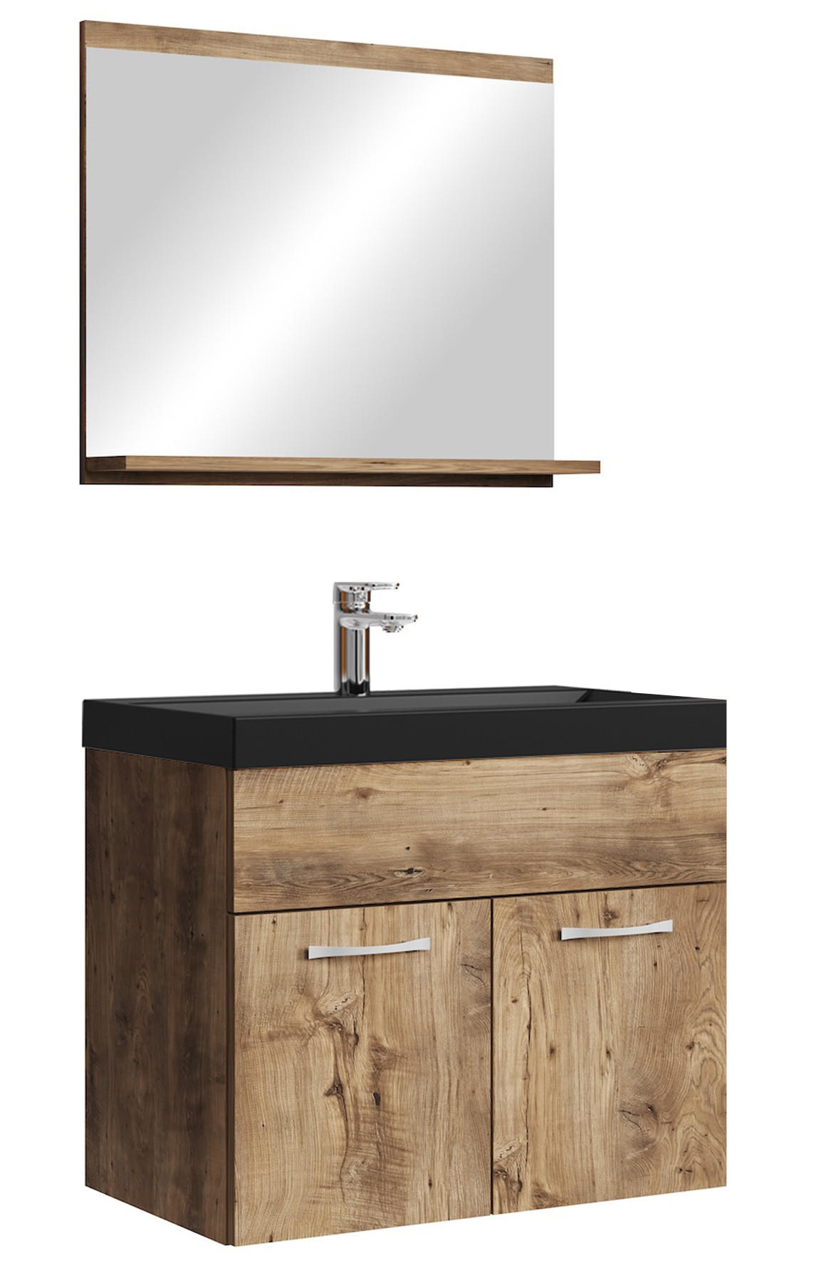 BADMÖBEL-SET Montreal 3 Teile Braun Eiche - Schwarze Waschbecken - 60 x 35 x 51 cm - Eichefarben/Schwarz, Holz (60/51/35cm) - Badplaats