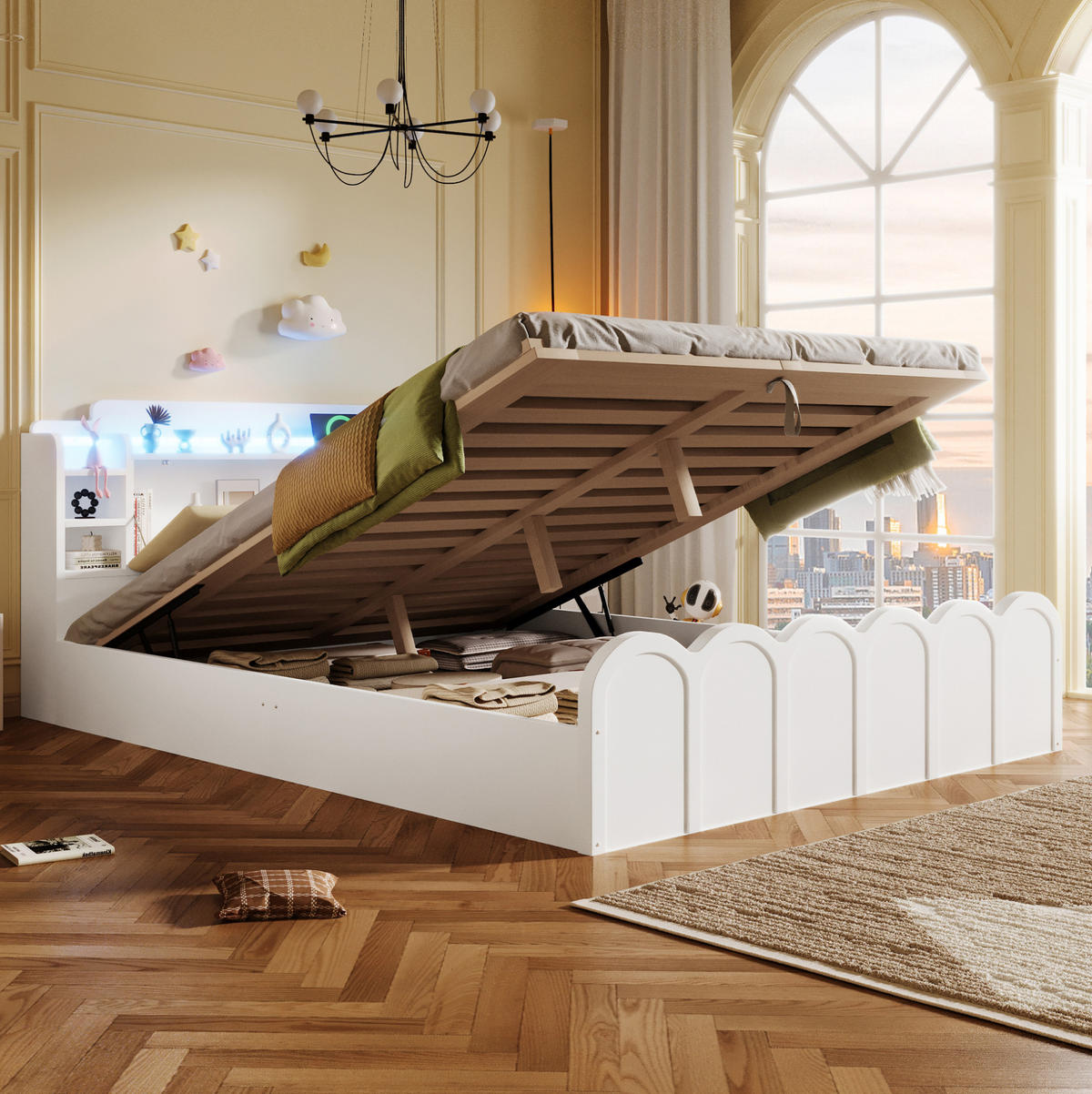 POLSTERBETT 140/200 cm Weiß mit Stauraum, LED-Beleuchtung und USB- und Type-C-Anschlüssen - Weiß, Holzwerkstoff (140/200cm) - Flora Grace