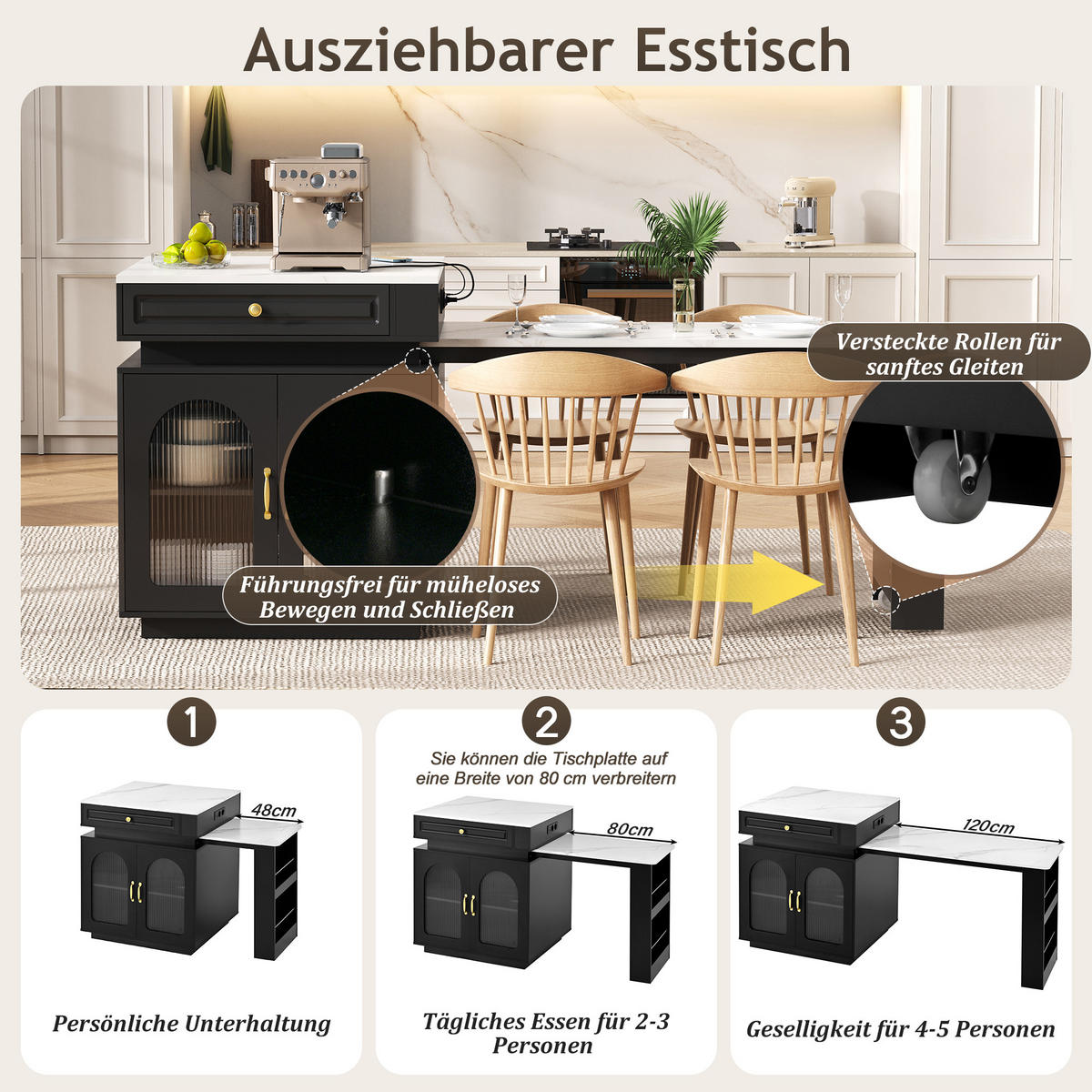 BARTISCH 128–200×71×92 cm aus MDF+Glas mit Riffelglas, LED & USB-Ladestation, schwarz - Schwarz, Holzwerkstoff (200/71/92cm) - Luhomfu