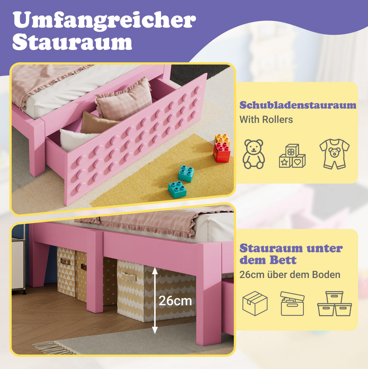 KINDERBETT, 1 Stauraumschublade, Block-Design, 90x200cm, Rosa - Rosa, Holz (90/200cm) - OKWISH