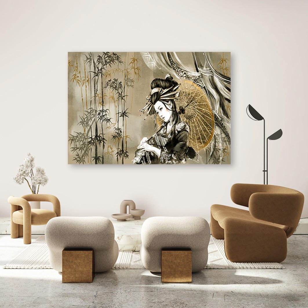 LEINWANDBILD Geisha und Bambus 60x40cm - Grün, Textil (60/40cm) - Feeby