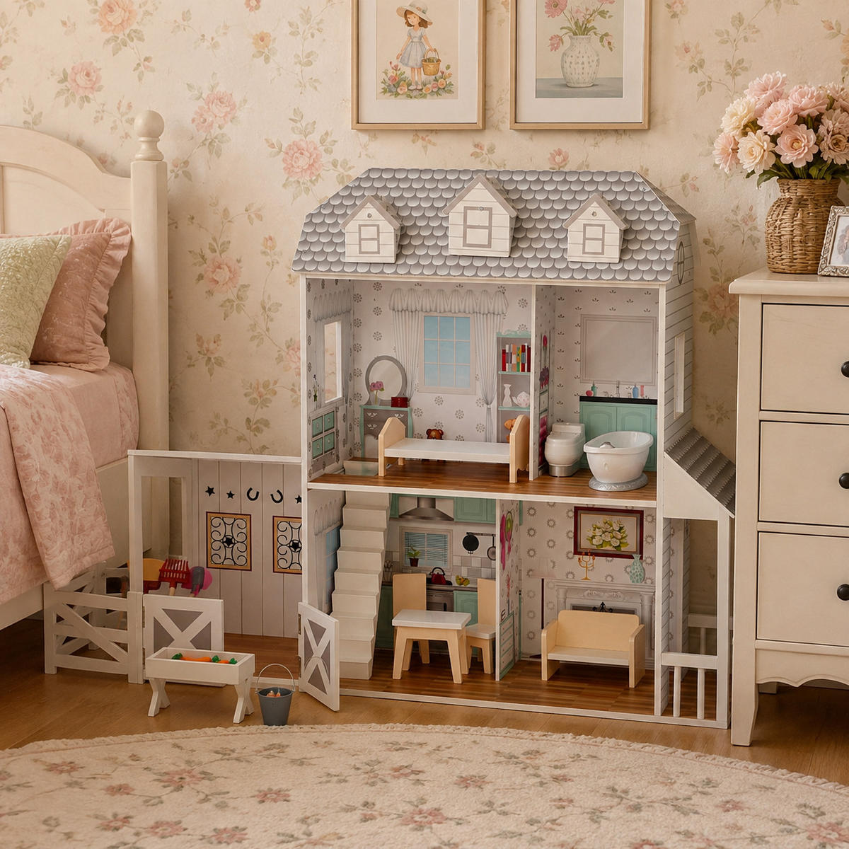 PUPPENHAUS, Grau, 90cm - Weiß, Holzwerkstoff (34/90/104cm) - Teamson Kids