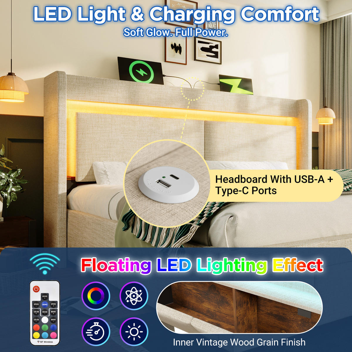 POLSTERBETT 160x200 Beige Leinen LED USB Stauraum - Beige, Naturmaterialen (160/200cm) - FLIEKS