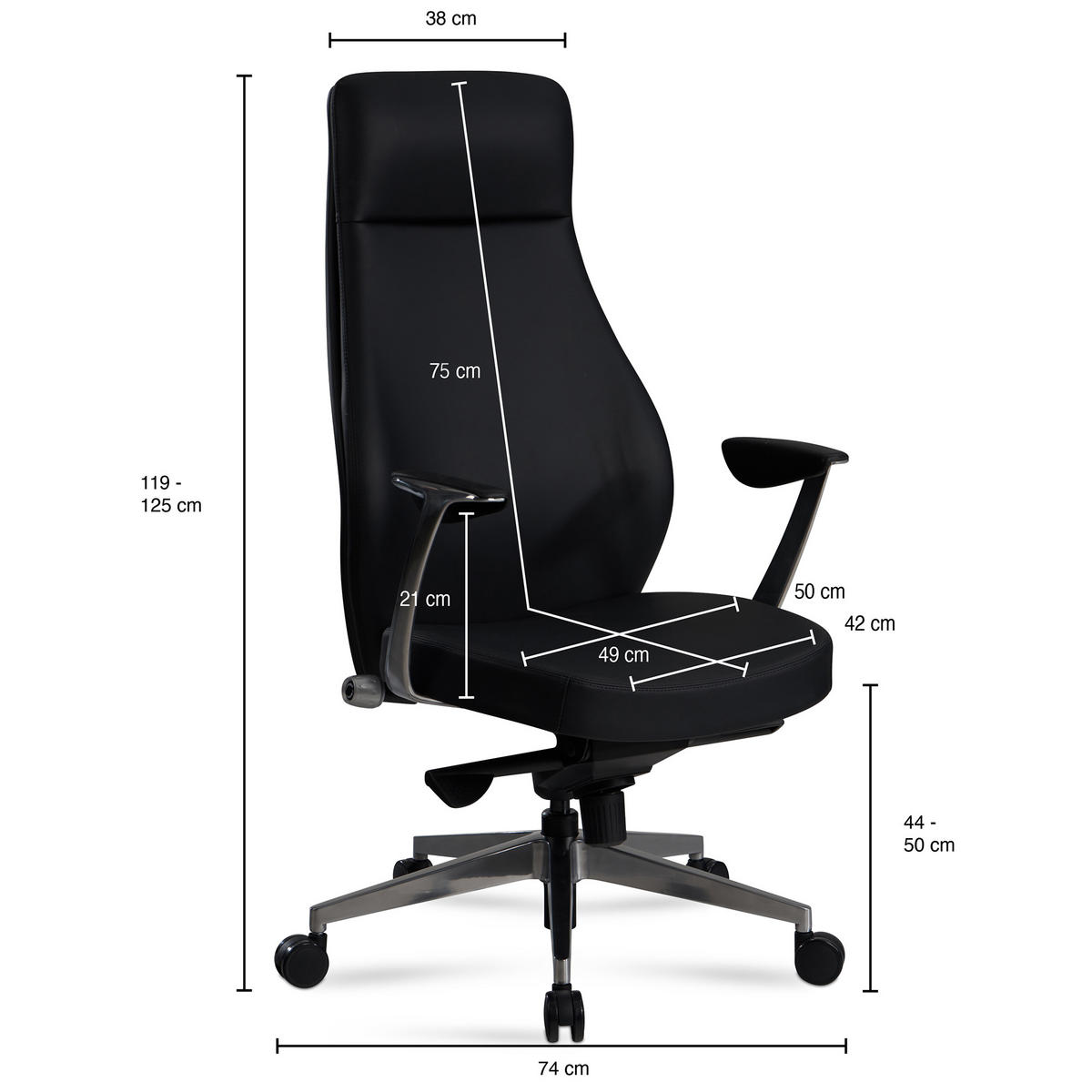 BÜROSTUHL Kunstleder bis 120 kg mit Wippmechanik, Armlehnen und hoher Rückenlehne, Schwarz 74x74x125 cm - Silberfarben/Schwarz, Textil/Metall (74/125/74cm) - KADIMA DESIGN