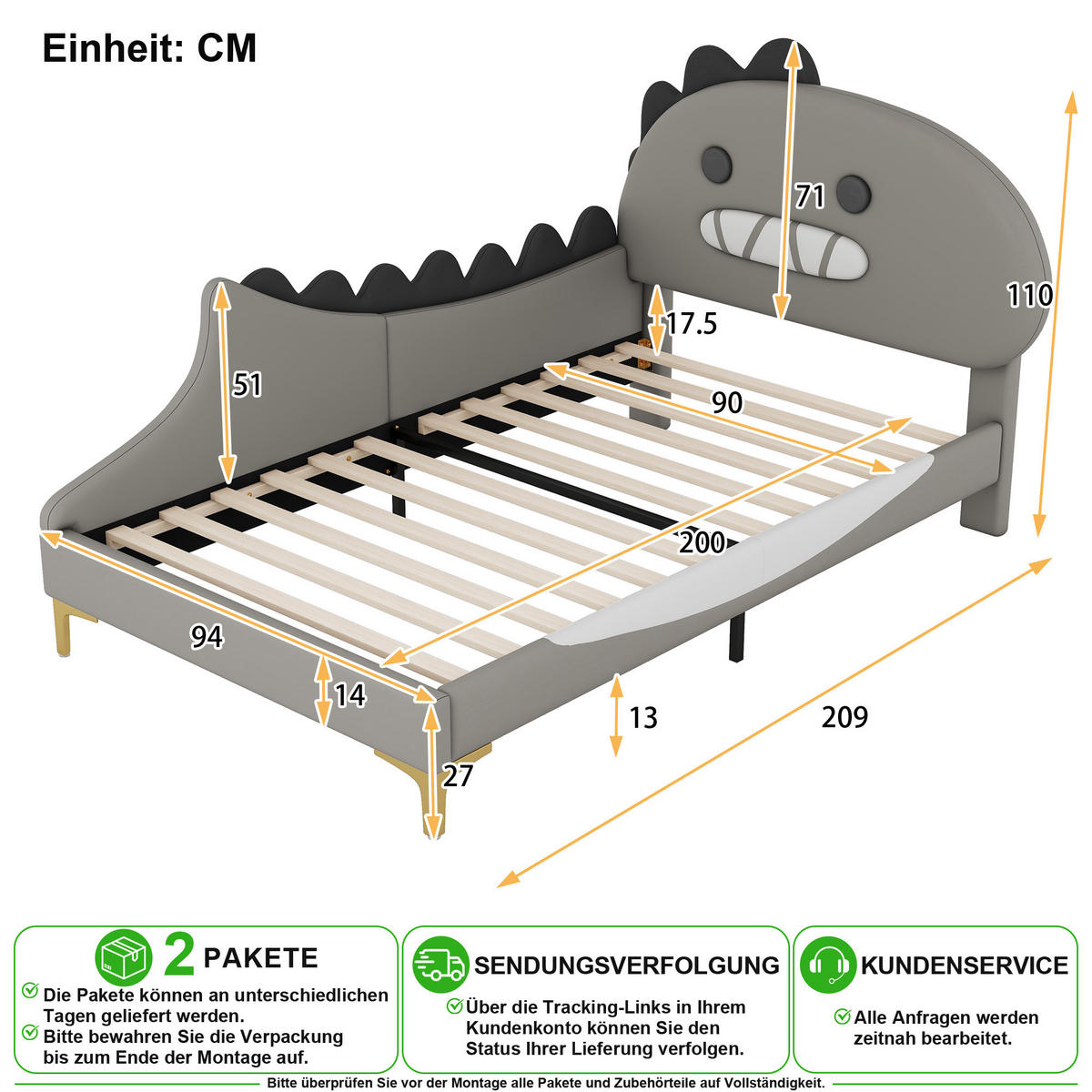 KINDERBETT 90/200 cm in Grau im Dinosaurier-Design - Grau, Leder/Holzwerkstoff (90/200cm) - CHICFURN