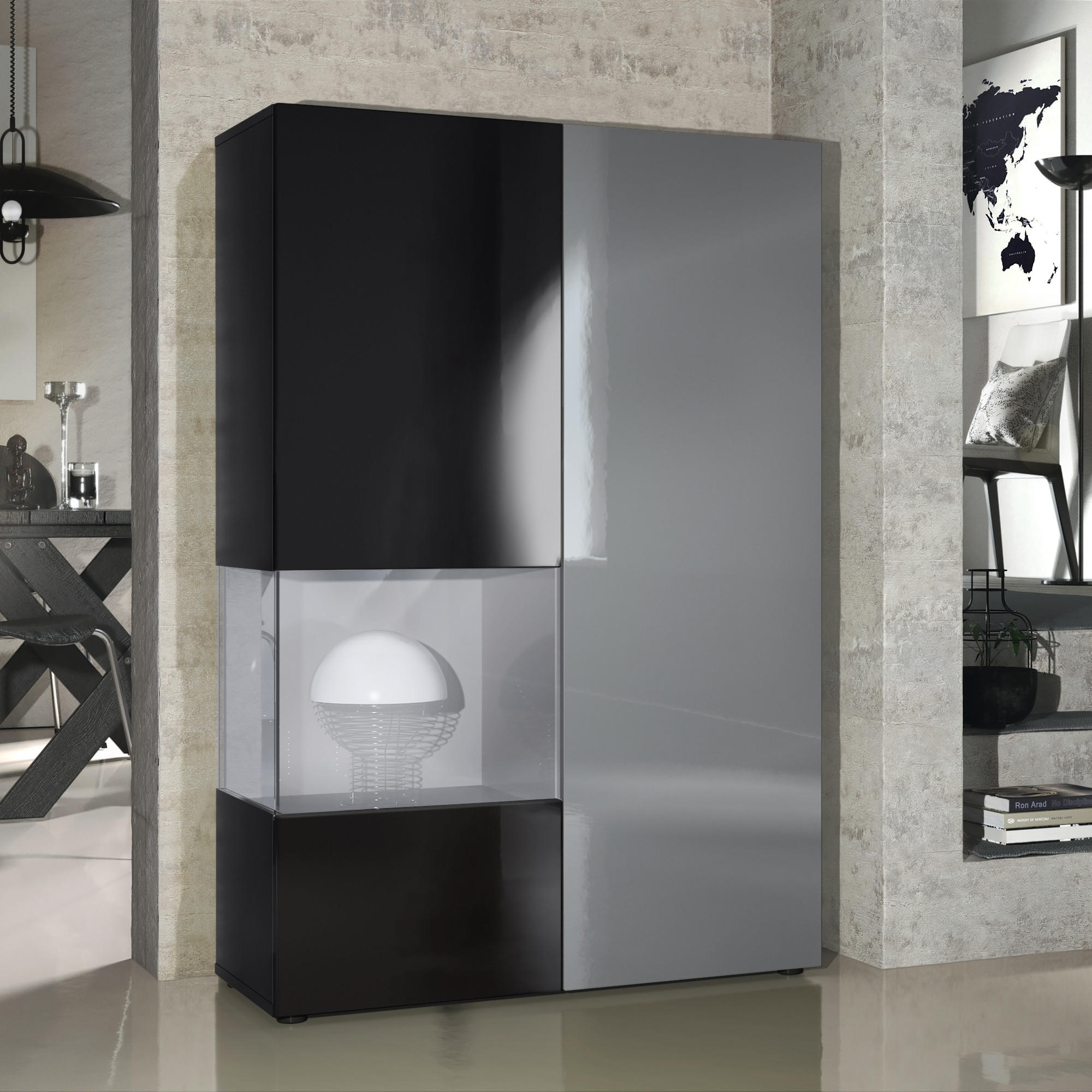 VITRINE Morena Tür und Einsatz in Grau Hochglanz - Grau, Holzwerkstoff (91.5/136.5/37cm) - Vladon
