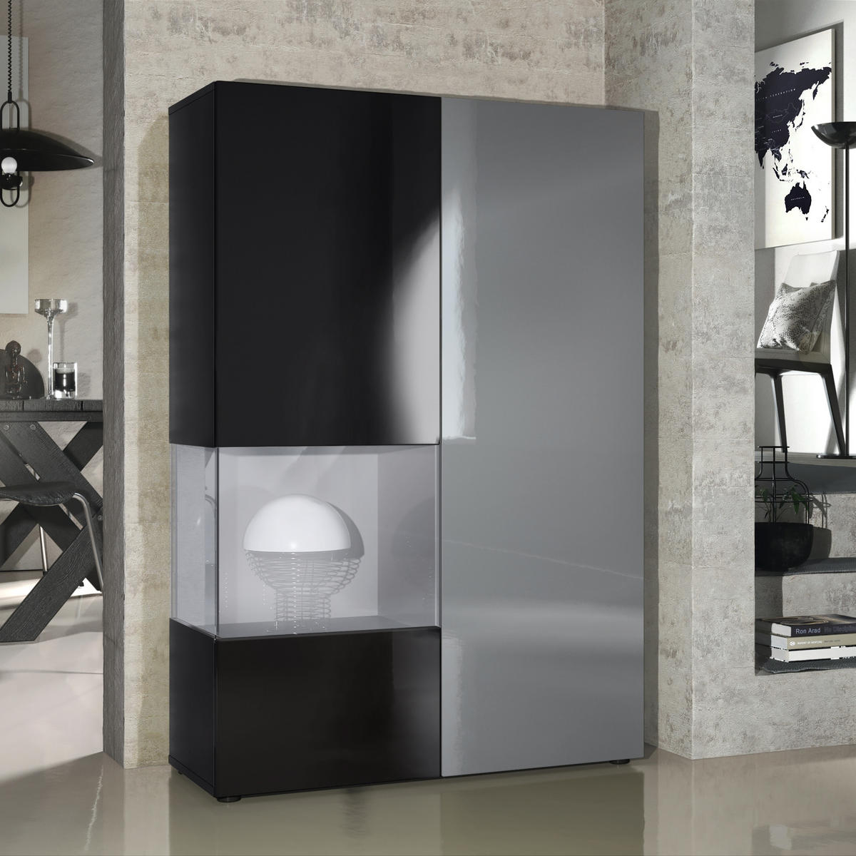 VITRINE Morena Tür und Einsatz in Grau Hochglanz - Grau, Holzwerkstoff (91.5/136.5/37cm) - Vladon