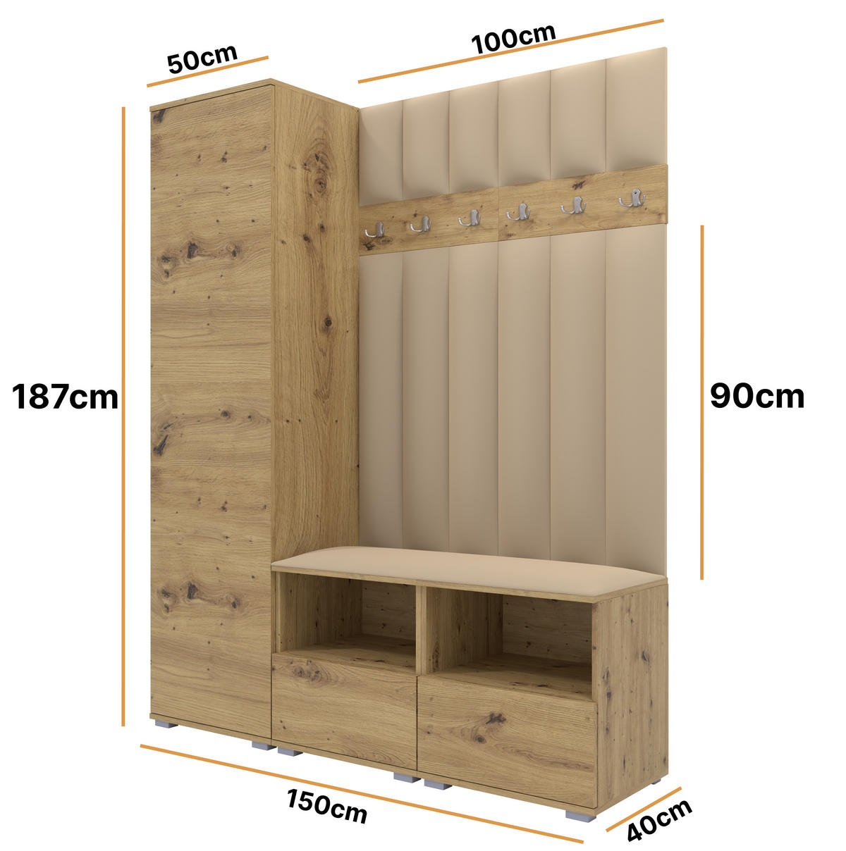GEPOLSTERT Garderoben-Set Nela II LUX (Farbe Eiche Artisan + Stoff Trinity 04) - Beige/Silberfarben, Holz/Holzwerkstoff (150/187/40cm) - Ravio
