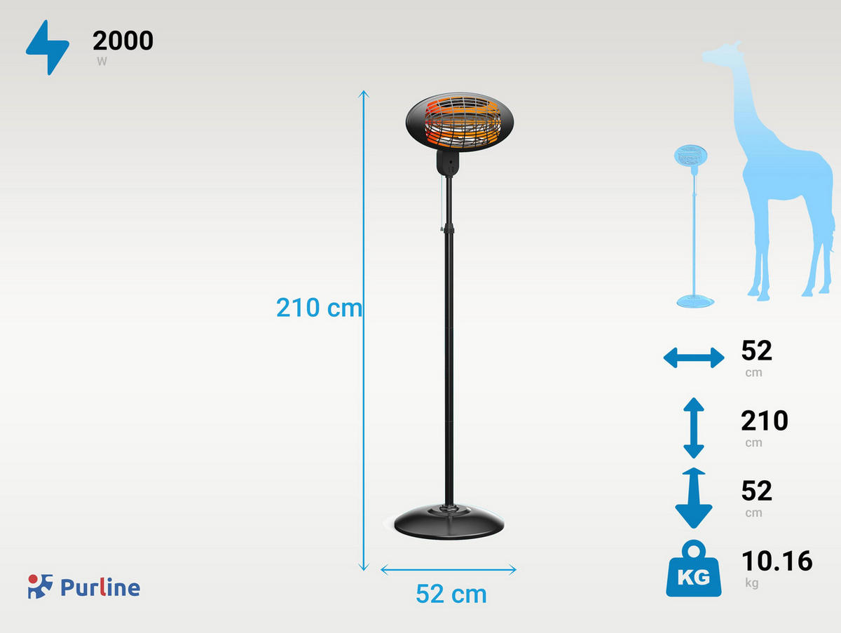 HALOGEN-HEIZUNG auf Standfuß Schwarz outdoortauglich und höhenverstellbar 2000 W - Schwarz, Kunststoff/Metall (52/210/52cm) - Purline