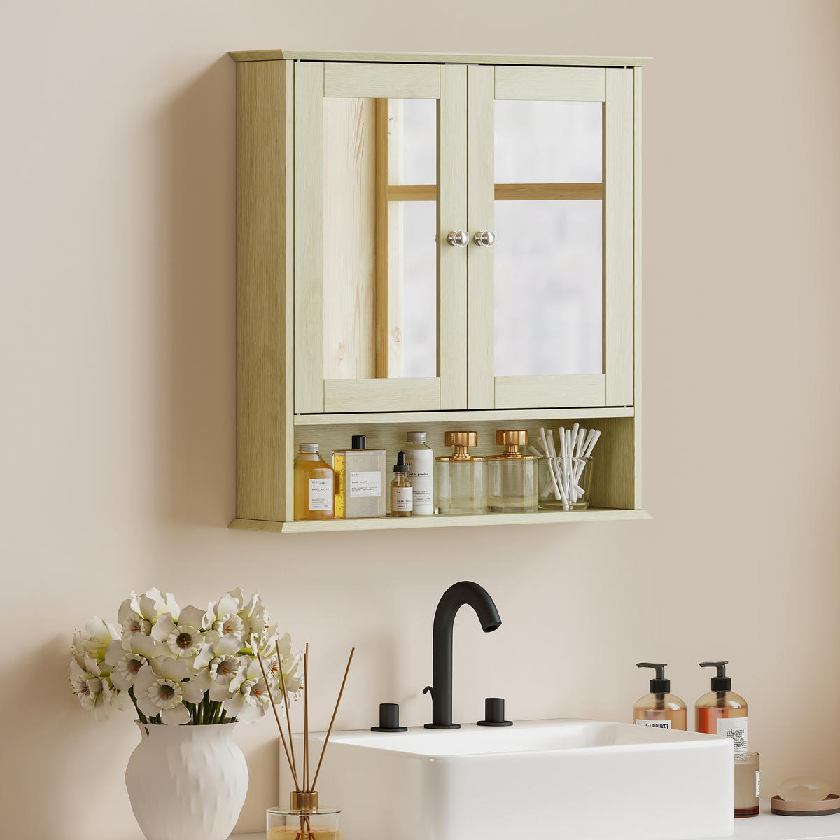 SPIEGELSCHRANK, Badezimmermöbel mit doppelten Spiegeltüren,56 x 13 x 58 cm - Braun, Glas (56/58/13cm) - Vallsero