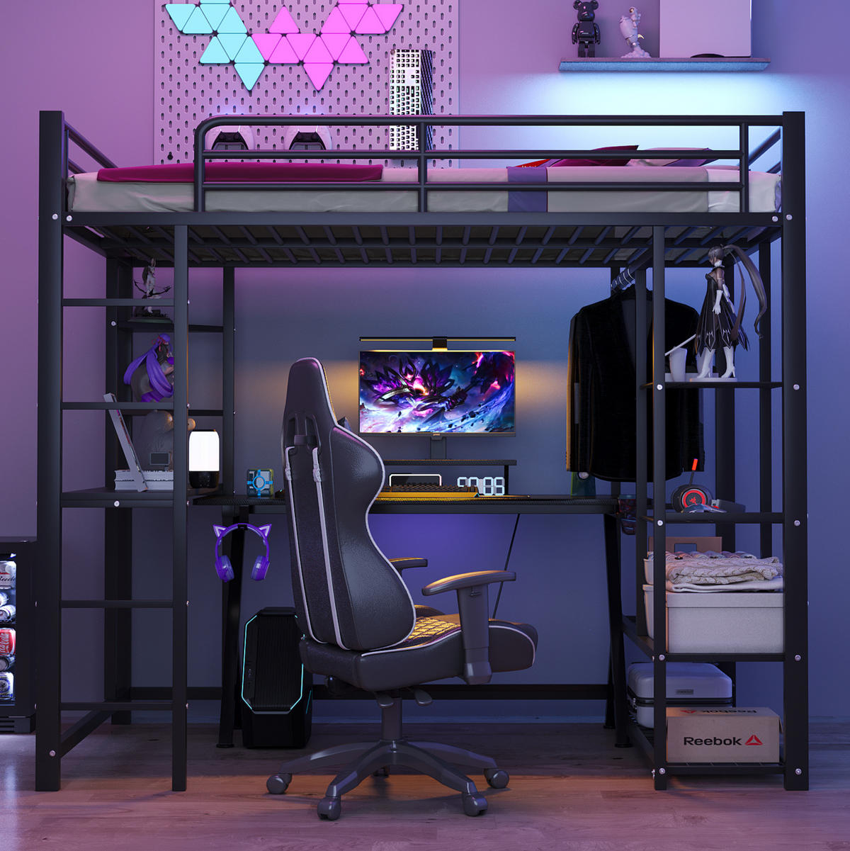 HOCHBETT 90/200 cm mit Leiter, Schreibtisch, Regal und Kleiderstange, Metall/MDF, Schwarz - Schwarz, Metall (90/200cm) - Redom