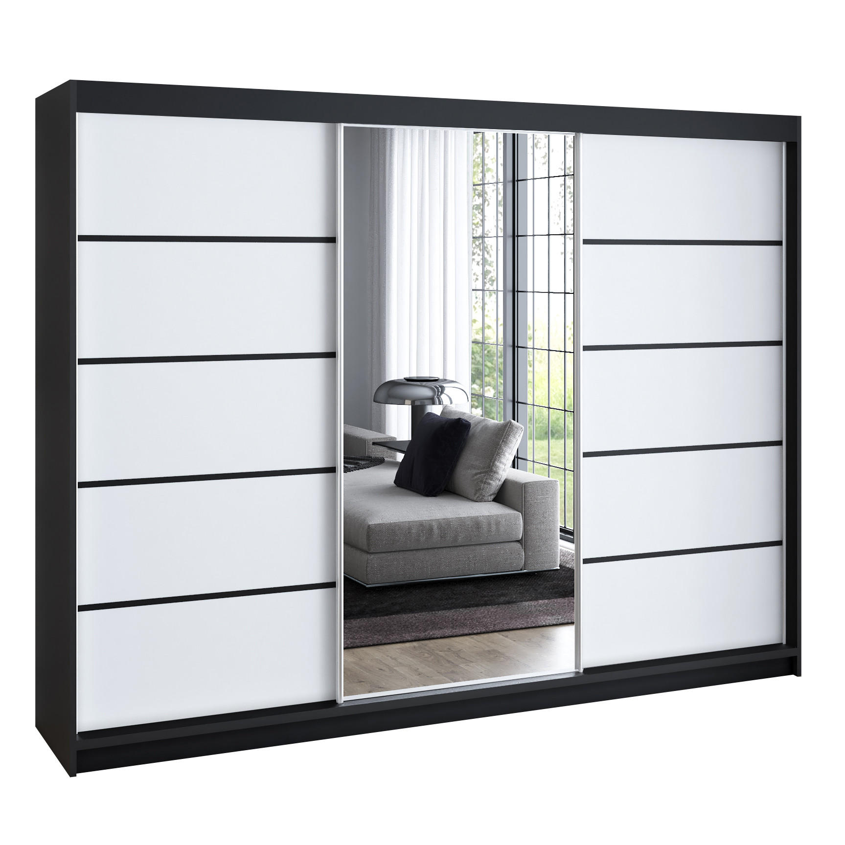 A&J MöbelLand Schwebetürenschrank Schwarz, Weiß 200x215x59.5 cm