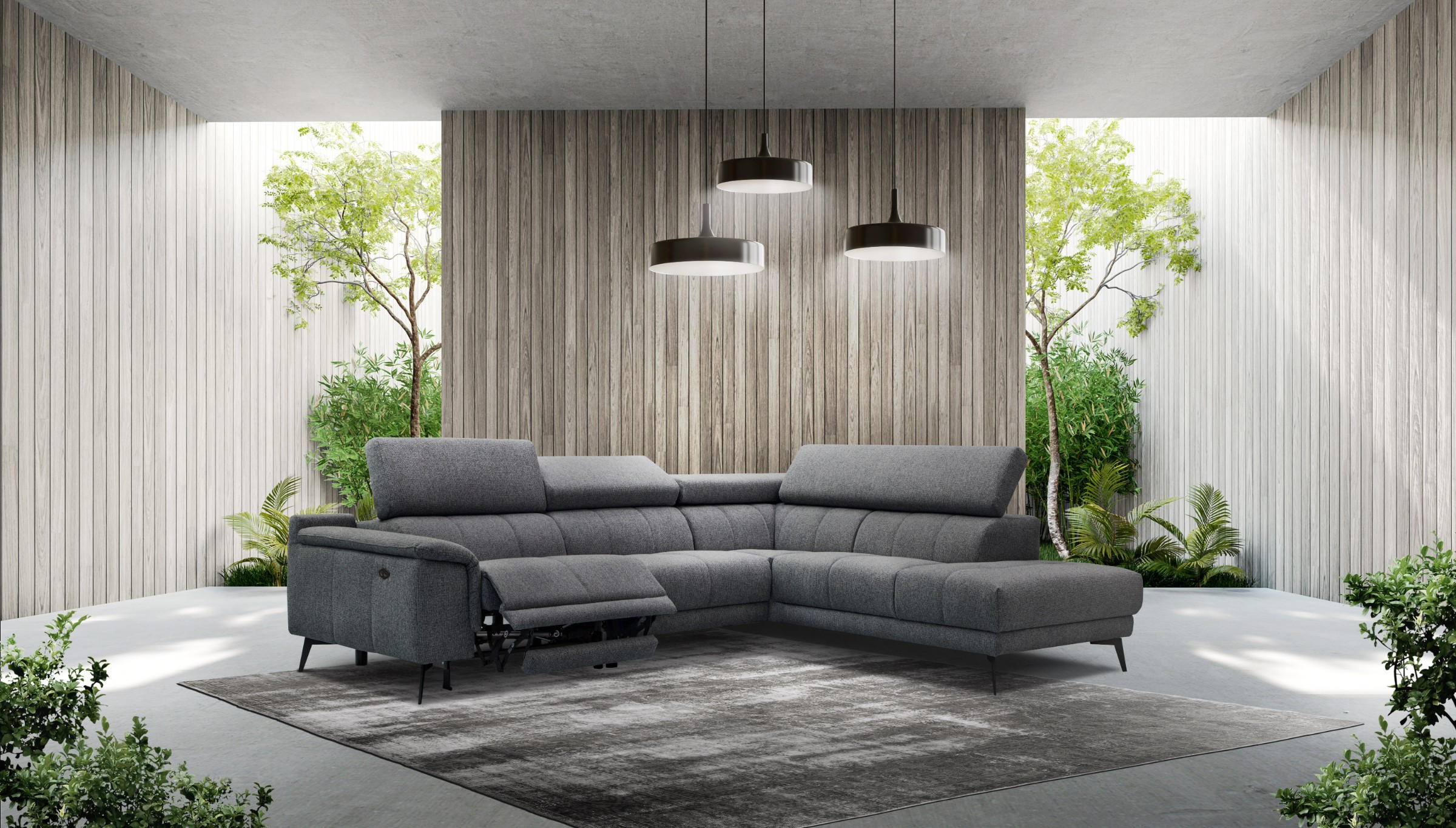ECKSOFA FIERO 5-Sitzer mit 1 Relaxfunktion, dunkelgrau - Dunkelgrau, Holzwerkstoff/Textil (290/228cm) - Courtois Laville