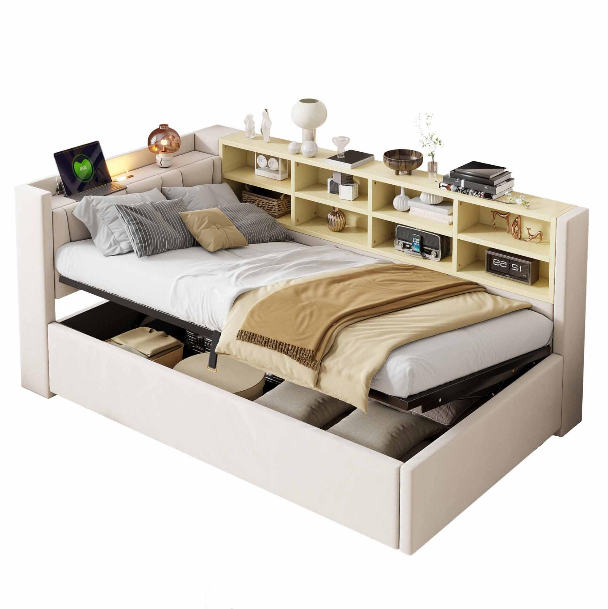 POLSTERBETT Schlafsofa aus Samt 90x200 cm Beige mit hydraulischem Stauraum, Nachtlicht, USB- und Typ-C-Anschluss - Beige, Textil (90/200cm) - Modfu