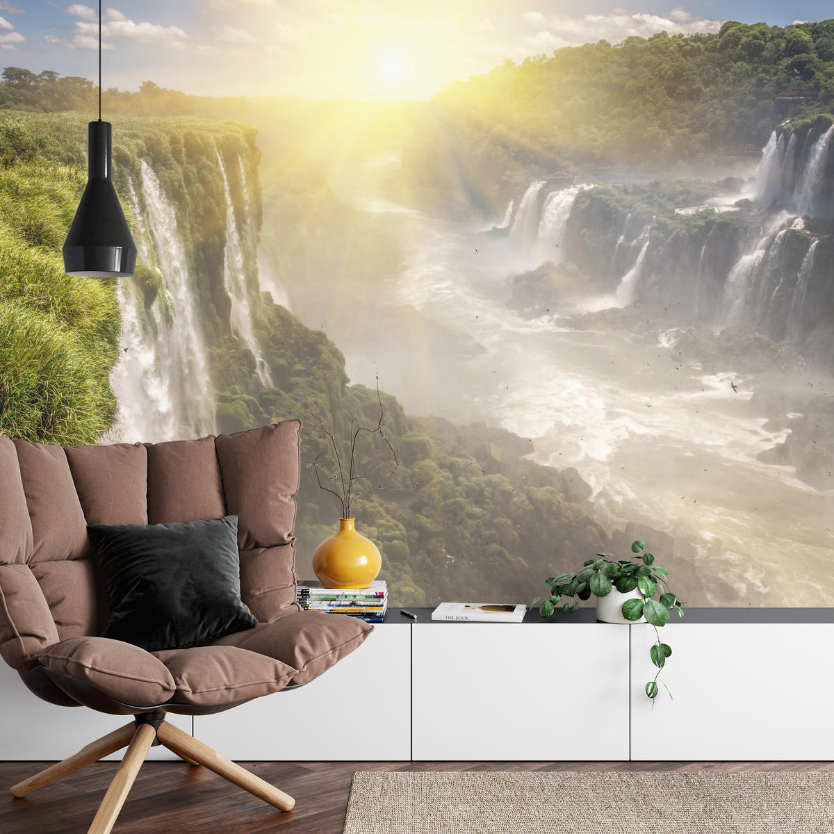 FOTOTAPETE für Wohnzimmer Wasserfall Sonnenaufgang Pflanzen 300x210 - Gelb/Beige, Papier (300/210cm) - Muralo