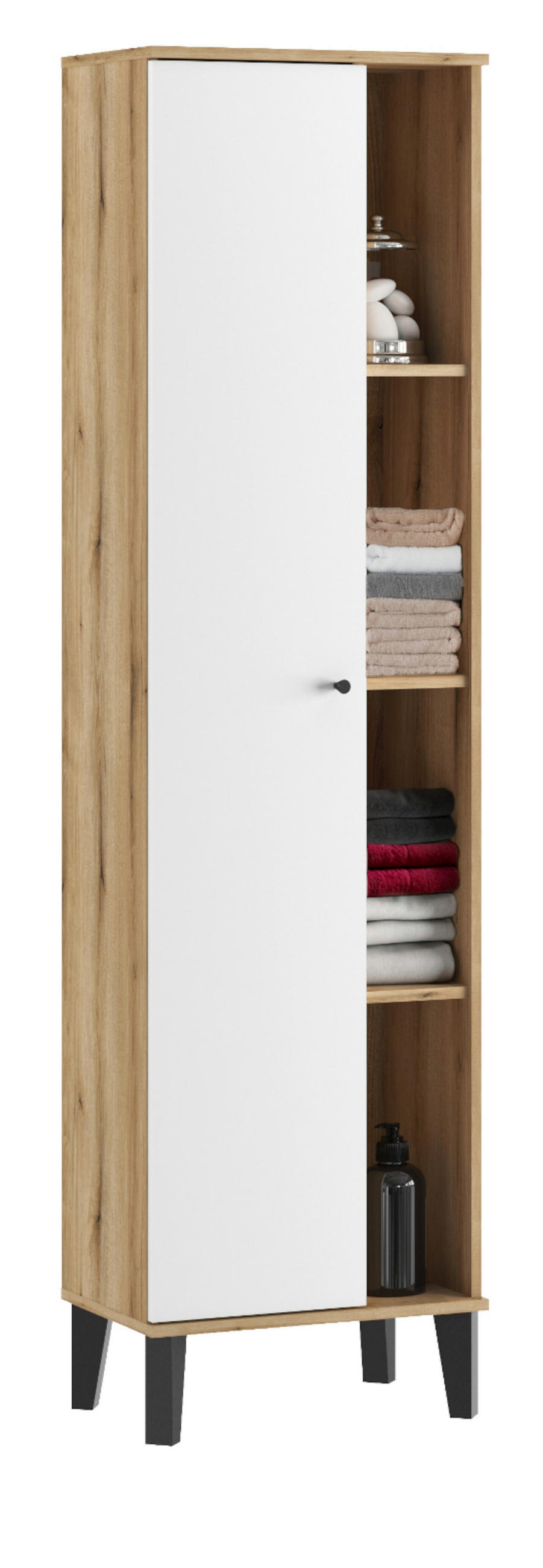 BAD-HOCHSCHRANK weiß, Evoke Eiche, Badschrank, 51 x 190 cm - Eichefarben/Schwarz, Holzwerkstoff/Kunststoff (51/190/33cm) - Furn.Design