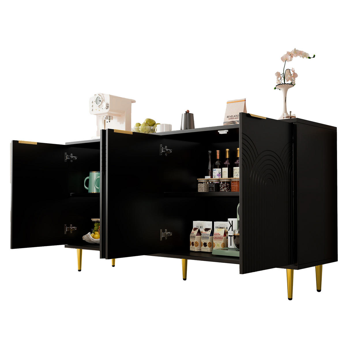 SIDEBOARD 160/40/80 cm mit 4 Türen, verstellbaren Einlegeböden und Soft-Close-Scharnieren, MDF/Spanplatte, Schwarz - Schwarz, Holzwerkstoff (160/80/40cm) - Redom