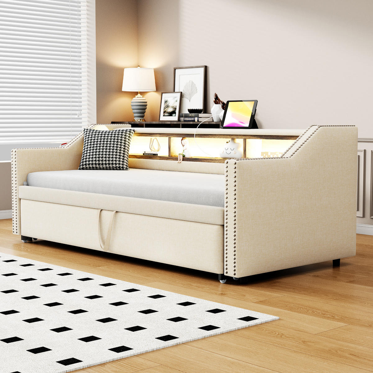 POLSTERBETT Ausziehbares Schlafsofa 90/190 cm und 180/190 cm Staufach mit LED und USB-Buchse aus Leinen - Beige, Textil (90/190cm) - OKWISH