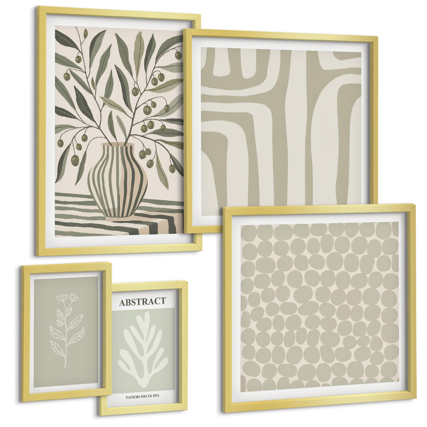 BILDER SET 5er Set - 50x50 cm & 20x30 cm & 40x60 cm Goldrahmen - Abstrakte Pflanzenmuster - Goldfarben, Kunststoff (40/60cm) - TULUP