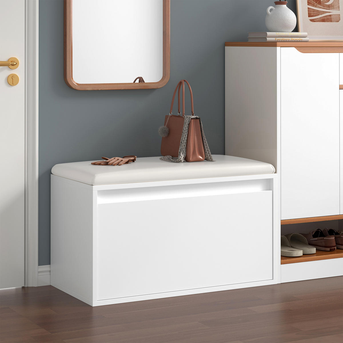 SCHUHBANK Degerfors - Weiß, Holzwerkstoff/Kunststoff (39/45/80cm) - [en.casa]