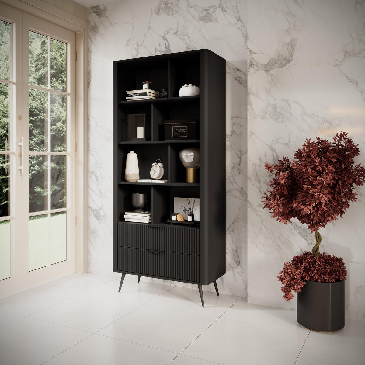 REGAL Vespasia 2S Schwarz 88,2/193,8/38 cm – Geriffelten Fronten - Schwarz, Holzwerkstoff/Metall (88.2/193.8/38cm) - AX Living