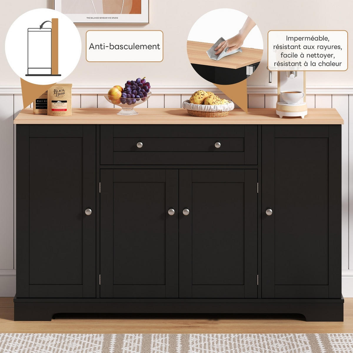 KÜCHENINSEL KÜCHENBUFFET MIT SCHUBLADE UND REGALTÜREN, Modernes Design, Kippschutz, 138 cm - Schwarz, Kunststoff (40/90/138cm) - Rolipo