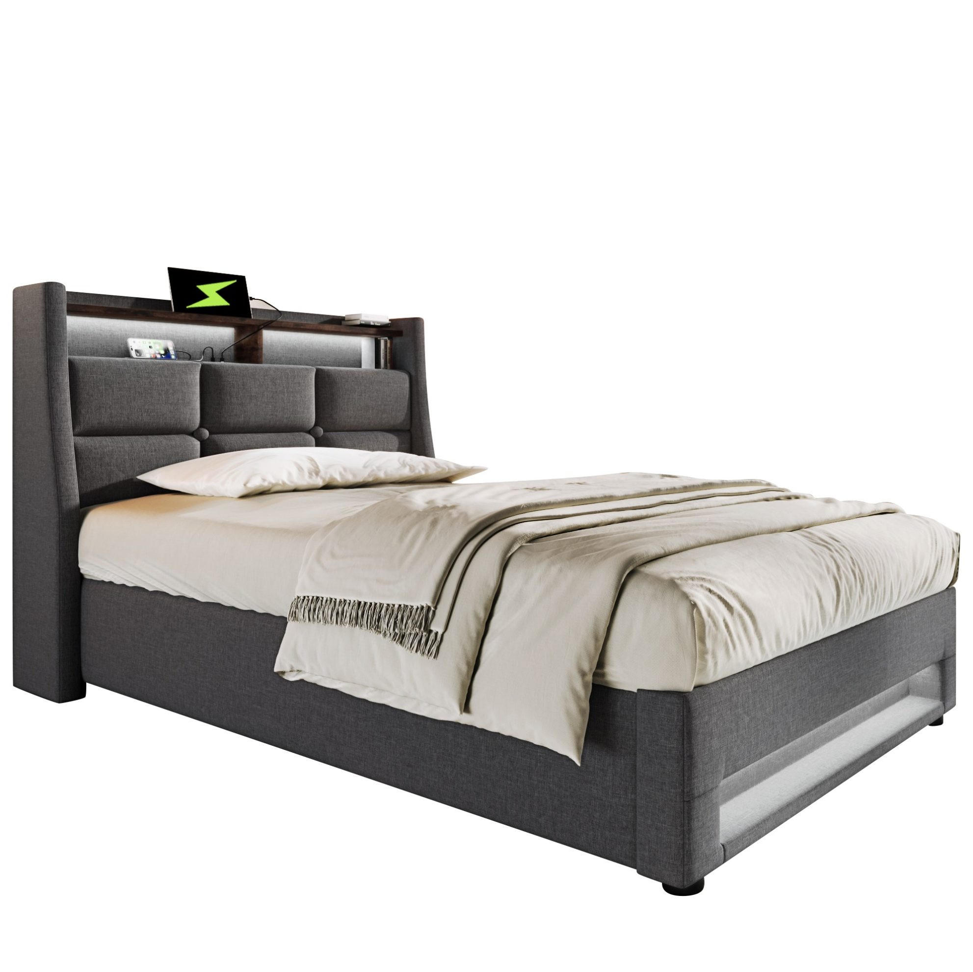POLSTERBETT 90/200 cm mit Bettkasten, LED & USB, Vintage-Look, Grau - Grau, Textil (90/200cm) - Redom
