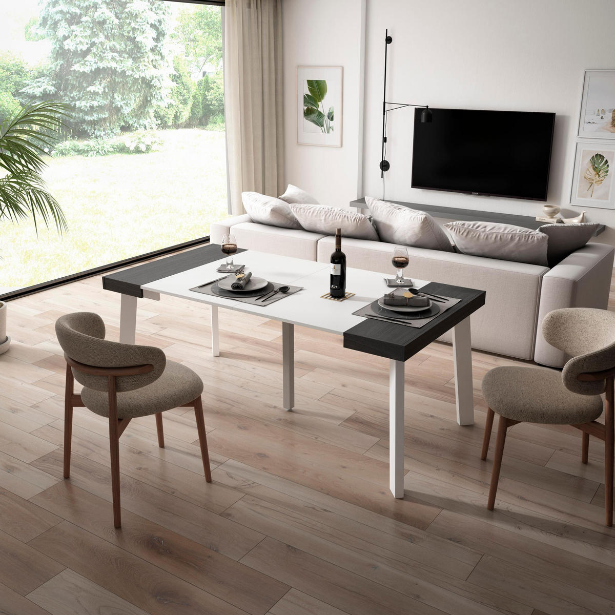 KONSOLENTISCH ausziehbar 58 bis 180cm, für 8 Gäste, weiß schwarz, 90/58/73cm - Schwarz/Weiß, Holzwerkstoff (90/180/73cm) - Skraut Home