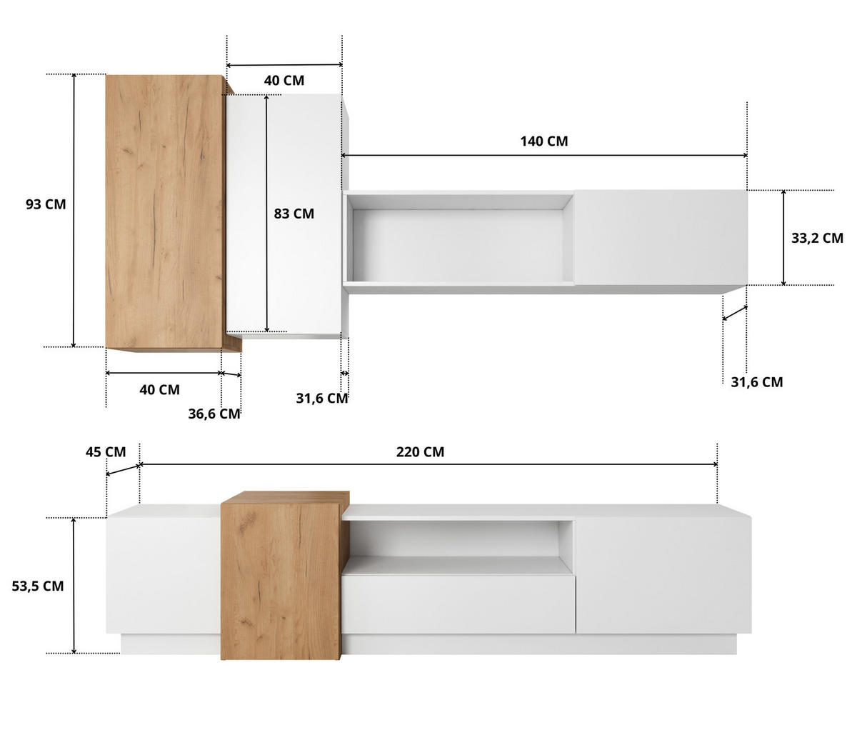 WOHNWAND Viano Weiß / Eiche Craft Gold - 4-teiliges Set mit Push-to-Open - Eichefarben/Weiß, Holz/Holzwerkstoff (220/180/45cm) - Ravio