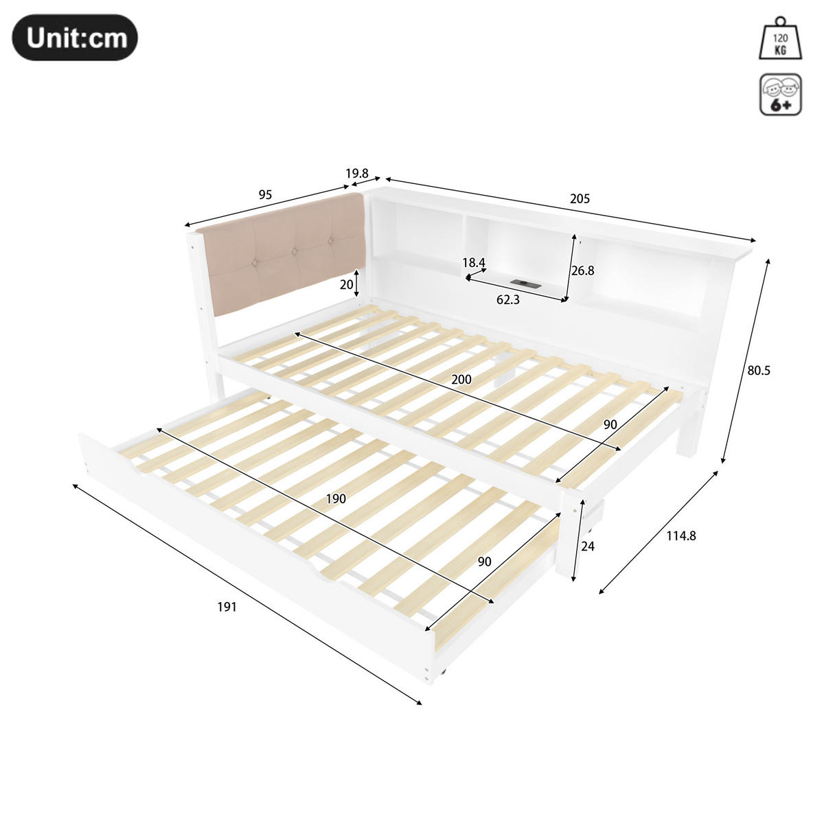 TAGESBETT 90/200 cm mit Ausziehbett, LED-Beleuchtung, USB-Anschluss und Regal, Kiefer/MDF, Weiß - Weiß, Holzwerkstoff (90/200cm) - Redom