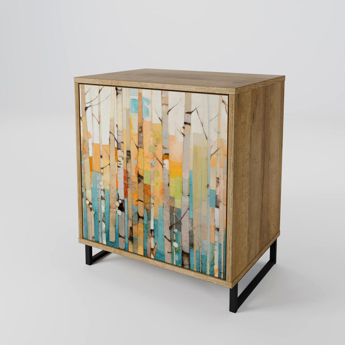 SIDEBOARD BIRCH KALEIDOSCOPE, Eichefarben, 57,5x42x72,5 cm, Schwarze Metallfüße - Eichefarben/Multicolor, Holzwerkstoff/Metall (57.5/72.5/42cm) - SpaceRebels
