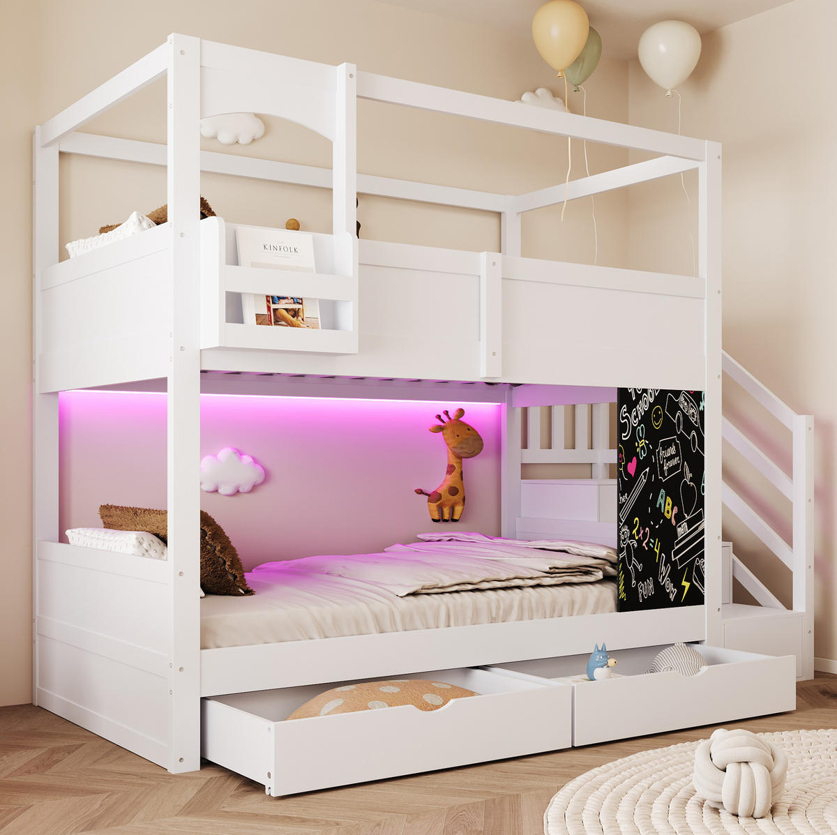 ETAGENBETT 90x200 cm in Weiß mit Stauraumtreppe, Schubladen und Tafel - Weiß, Holz (90/200cm) - IVMEU