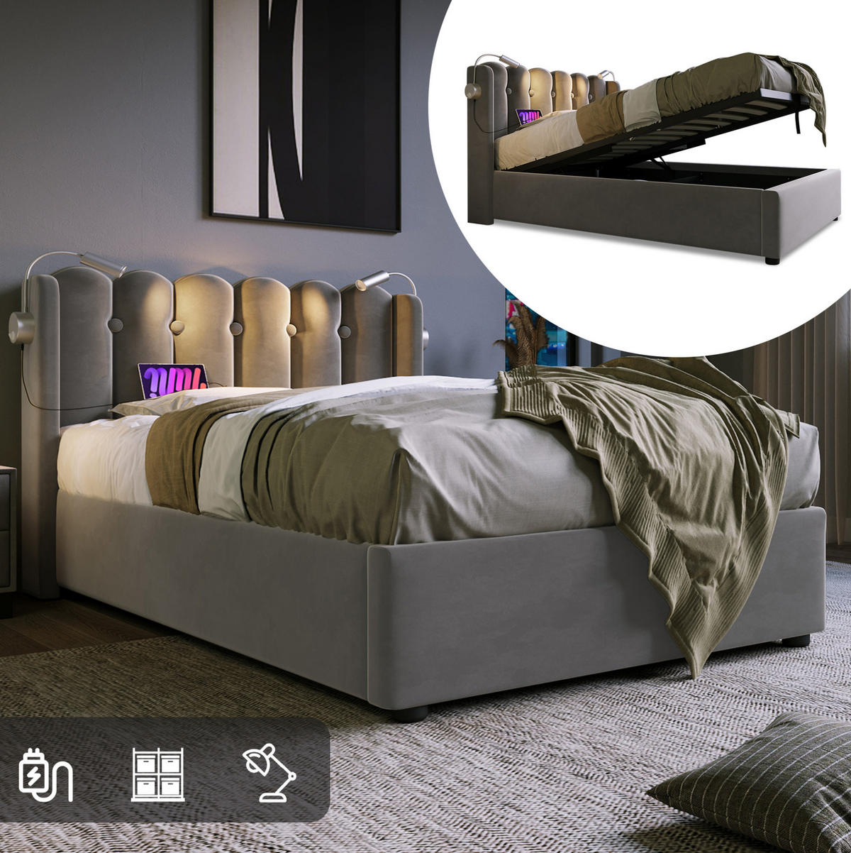 BETT mit Bettkasten, USB und Leselicht 90x200 cm Samt Grau - Grau, Metall (90/200cm) - Meubliv