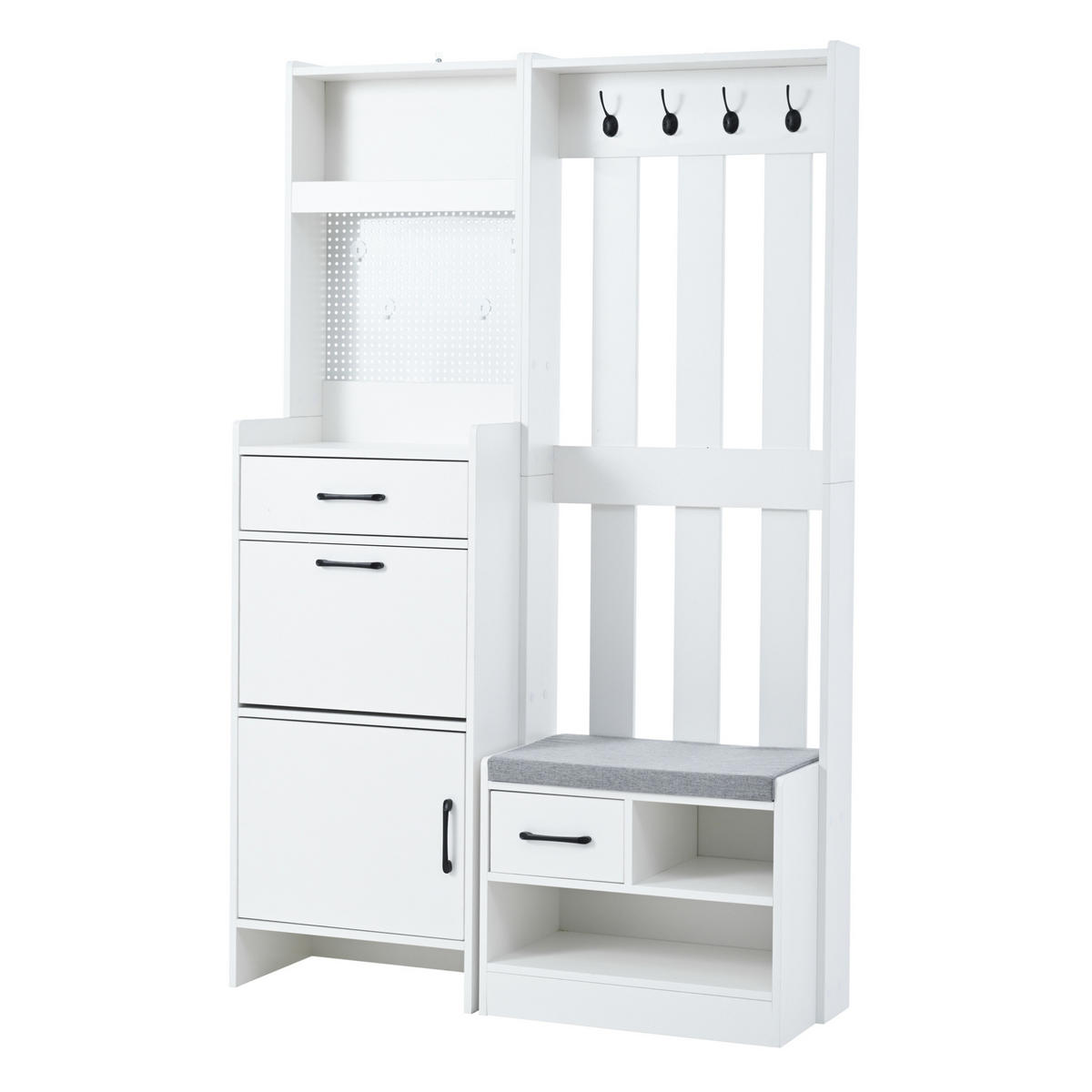 GARDEROBE 110/35/175,5 cm aus Spanplatte mit Schuhbank und 7 Haken Weiß - Weiß, Holzwerkstoff (110/175.5/35cm) - Modenvie