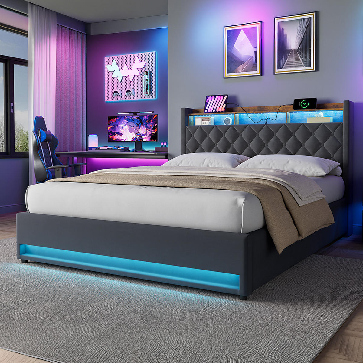 POLSTERBETT 160/200 cm mit Bettkasten und Steckdose Boxspringbett mit USB und LED-Licht Stauraumbett ohne Matratze - Grau, Holzwerkstoff/Textil (160/200cm) - STILVORA