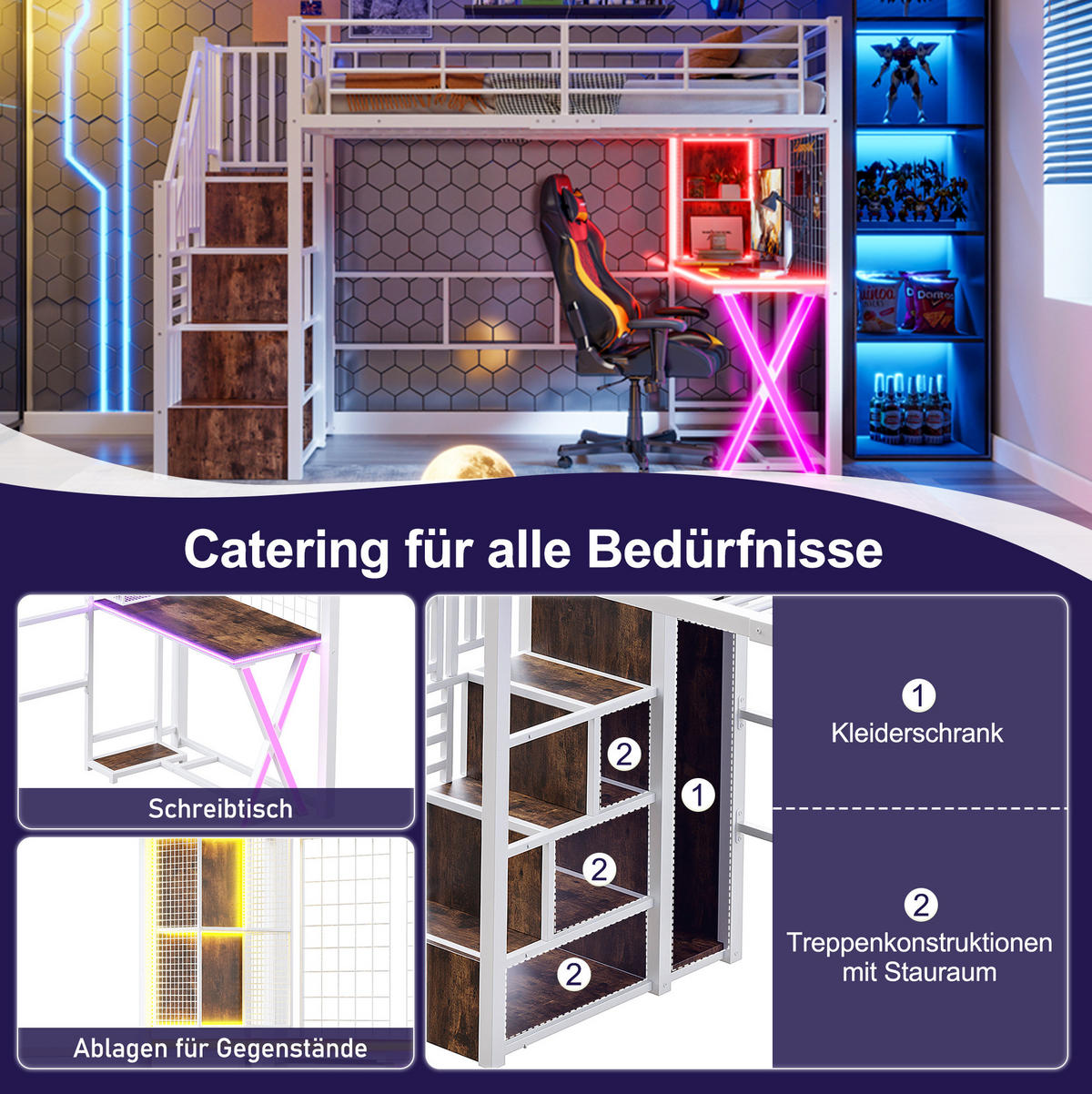 HOCHBETT 90/200 cm Weiß aus Metall und MDF mit Schreibtisch - Weiß, Metall (90/200cm) - OKMYHOME