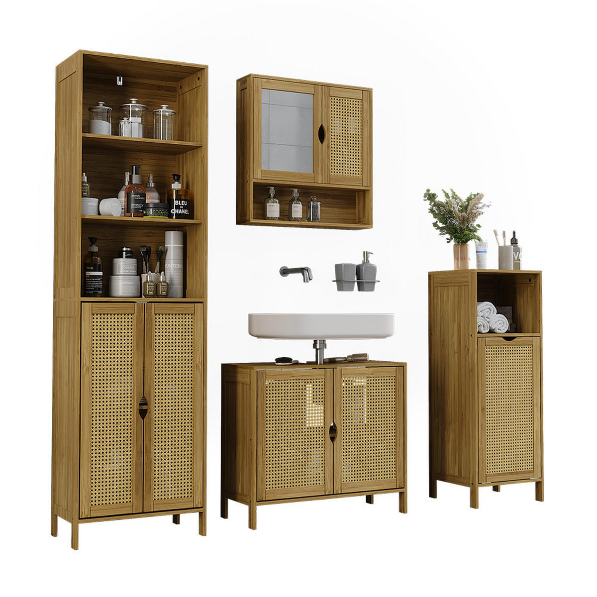 BADMÖBEL-SET Liora Bambus 4 Teile - Grün, Holzwerkstoff (68/60/29cm) - Vicco