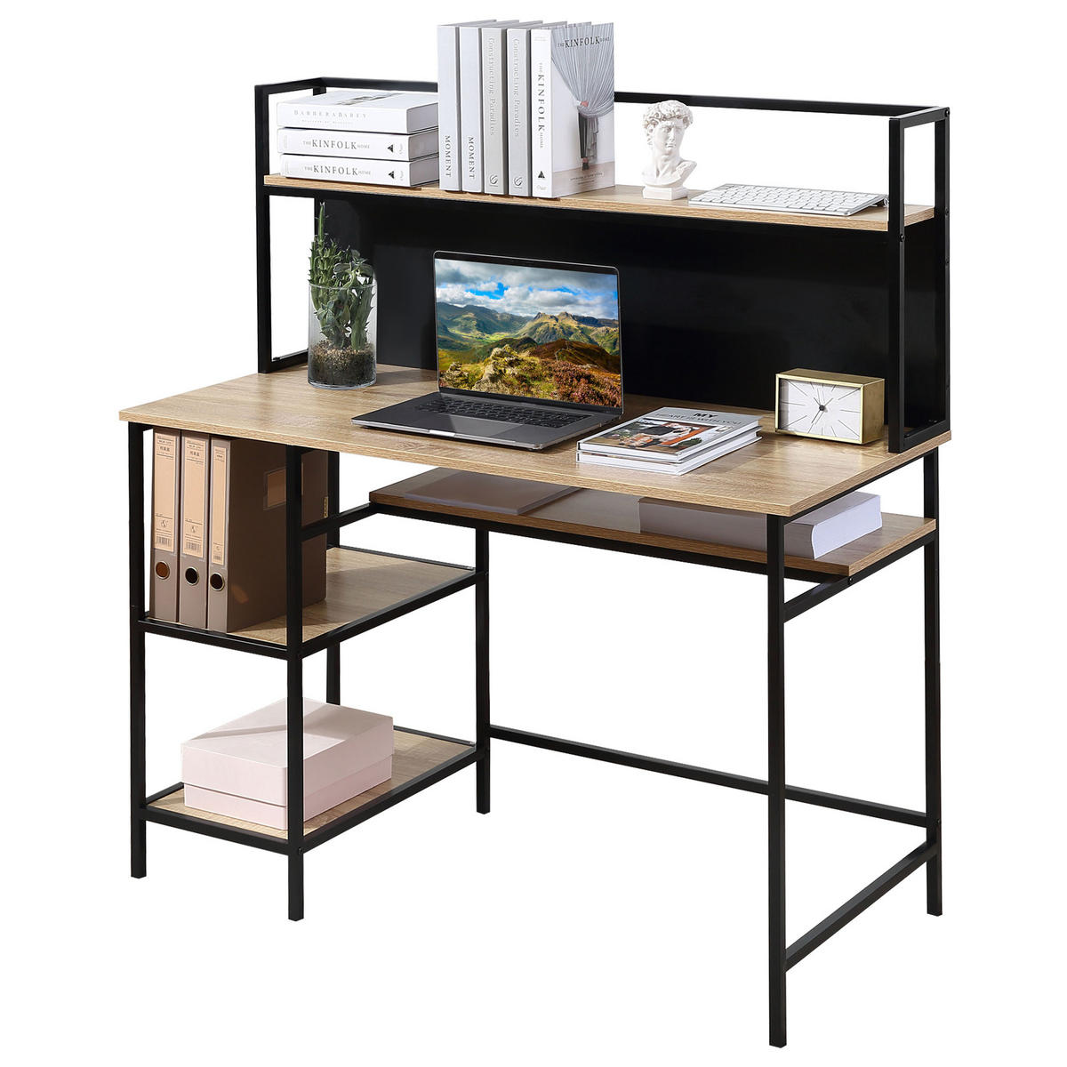 SCHREIBTISCH Eichefarben und Schwarz mit Regalfächern und Kreidetafel 120/53/126 cm - Naturfarben, Holzwerkstoff (53/120/126cm) - PANGIVO