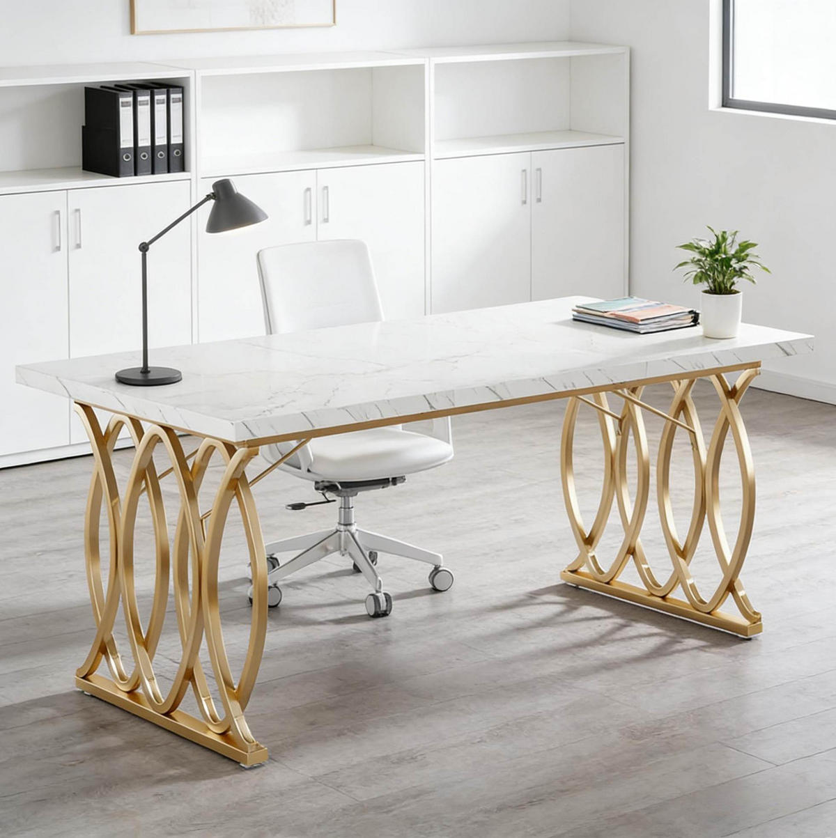 SCHREIBTISCH 160 x 80 cm Marmoroptik Weiß Gold - Weiß, Metall (160/80/75cm) - Meubliv