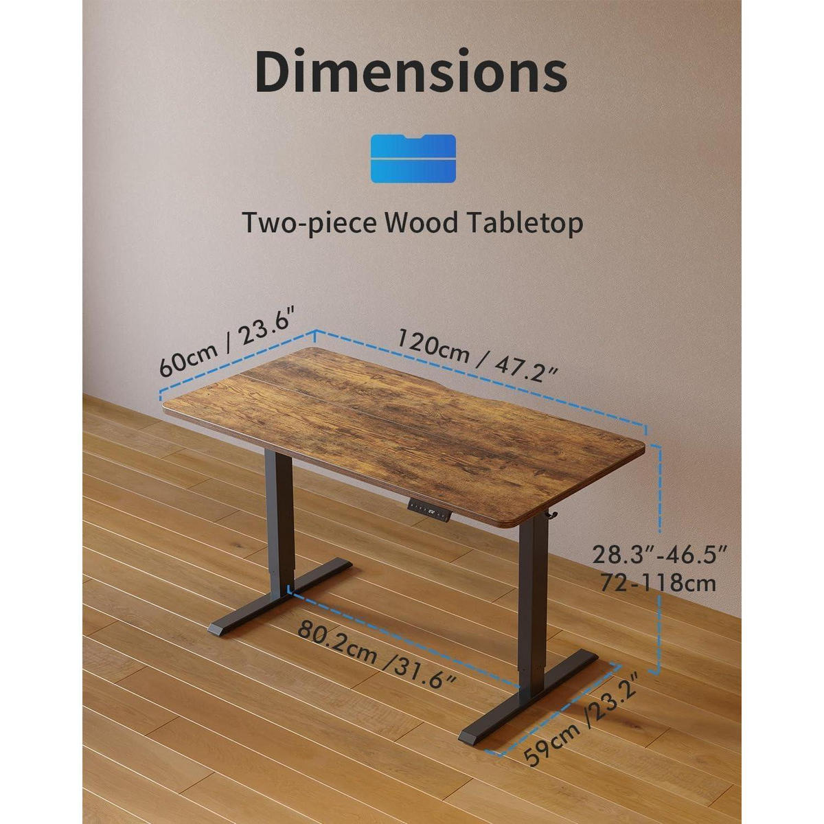 SCHREIBTISCH Höhenverstellbar Elektrisch 120 x 60 cm Braun mit USB-Anschlüssen - Braun, Holzwerkstoff (60/120/72cm)