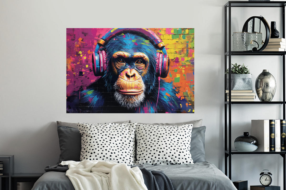 WANDTATTOO Graffiti - Schimpanse - Straßenkunst - Kopfhörer - Affe 120x80 cm - Blau, Kunststoff (120/80/0.1cm) - MuchoWow
