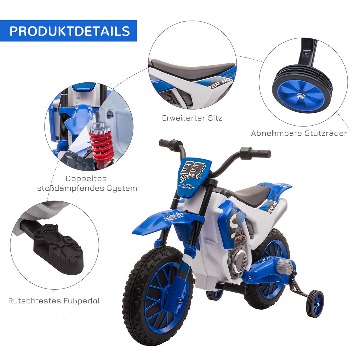 ELEKTRO KINDERMOTORRAD, Blau/Grün/ Rot, PP+ Metall - Blau, Kunststoff (106.5/51.5/68cm) - HOMCOM