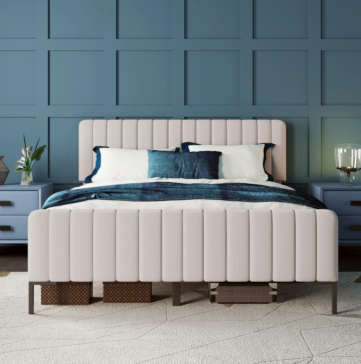 BETT mit verstellbarem Kopfteil 180x200 cm Leinen Gray+Beige - Grau, Metall (180/200cm) - Meubliv
