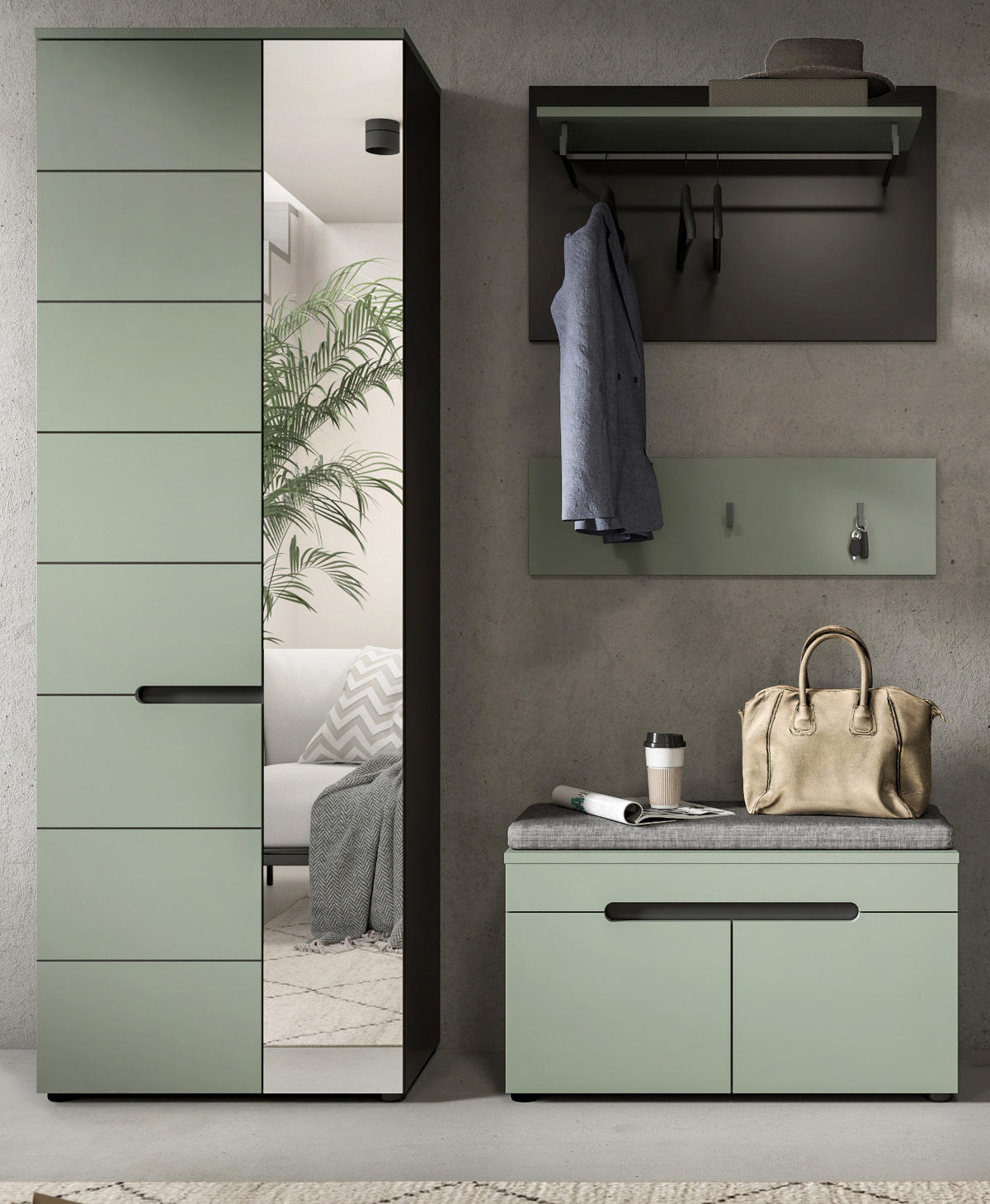 GARDEROBE-SET Salbei Grün und Basalt Grau, Garderobe 160 x 190 cm, Soft-Close, Cooper - Salbeigrün/Dunkelgrau, Holzwerkstoff/Kunststoff (160/190/37cm) - Inn.Furn