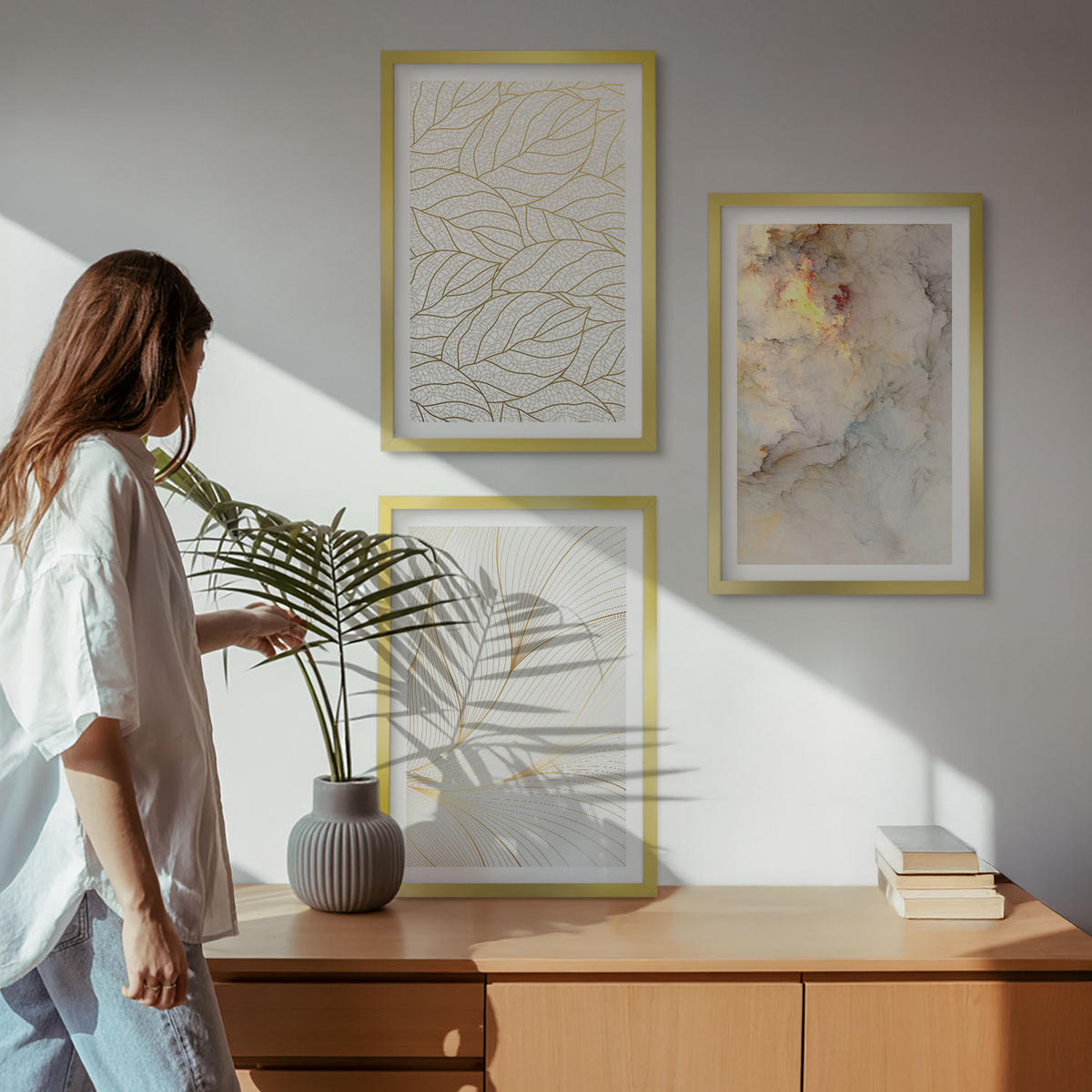 WANDBILDER 3er Set - 40x60 cm Goldrahmen - Blättermuster Marmor abstrakt - Goldfarben, Kunststoff (40/60cm) - ArtPrintCave