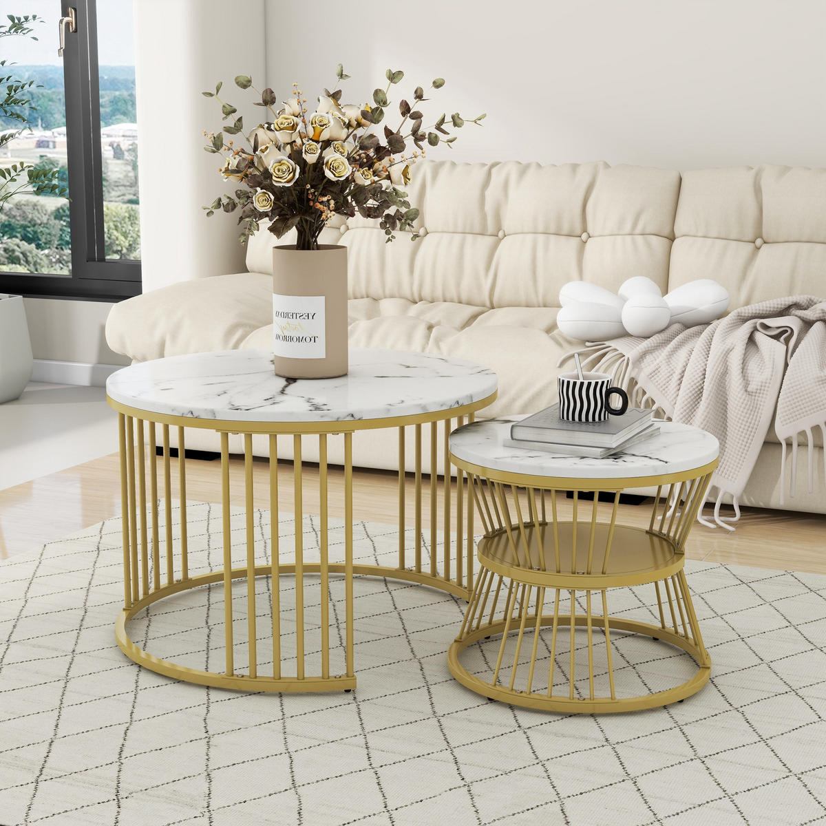 COUCHTISCH 2-teiliges Set 70/70/47 cm und 45/45/40 cm Weiß Stapelbar mit Stahlrahmen - Weiß, Holzwerkstoff (70/70/47cm) - OKWISH