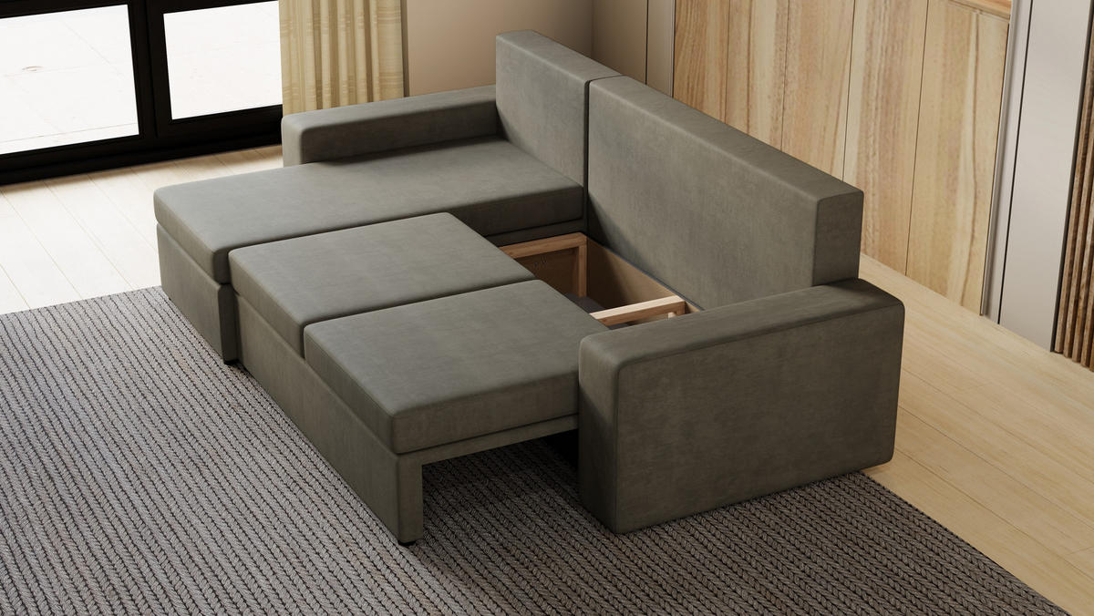 ECKSOFA Paco mit Bettkasten und Schlaffunktion, L-Form/XL-Form, Velourstoff, Universal - Hellgrau, Holzwerkstoff (246/145cm) - 4ALL HOME